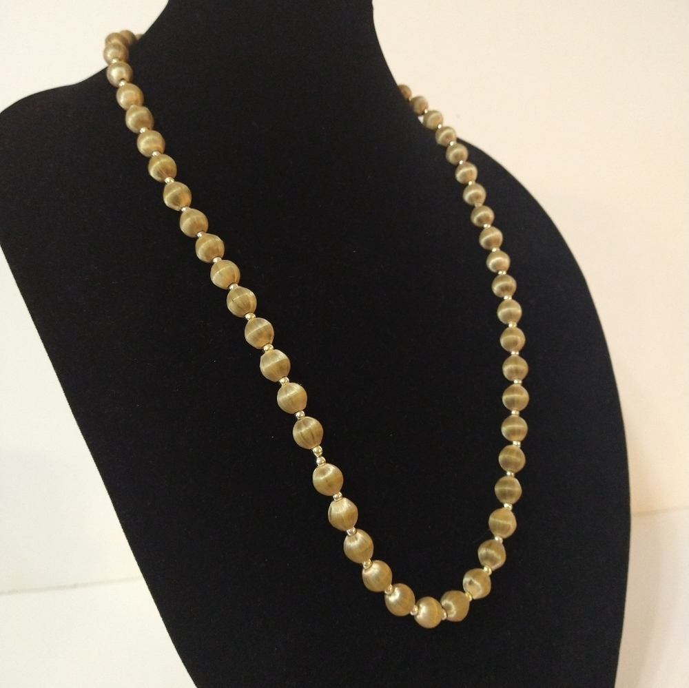 Vintage Light Brown/Green Round Bead Fabric Necklace